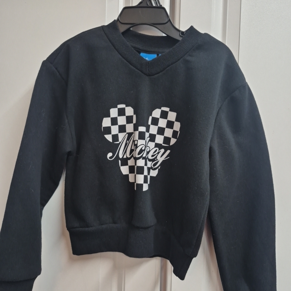 Disney Kid's Mickey Mouse Black Sweatshirt with Checkered Heart Design, Size 7